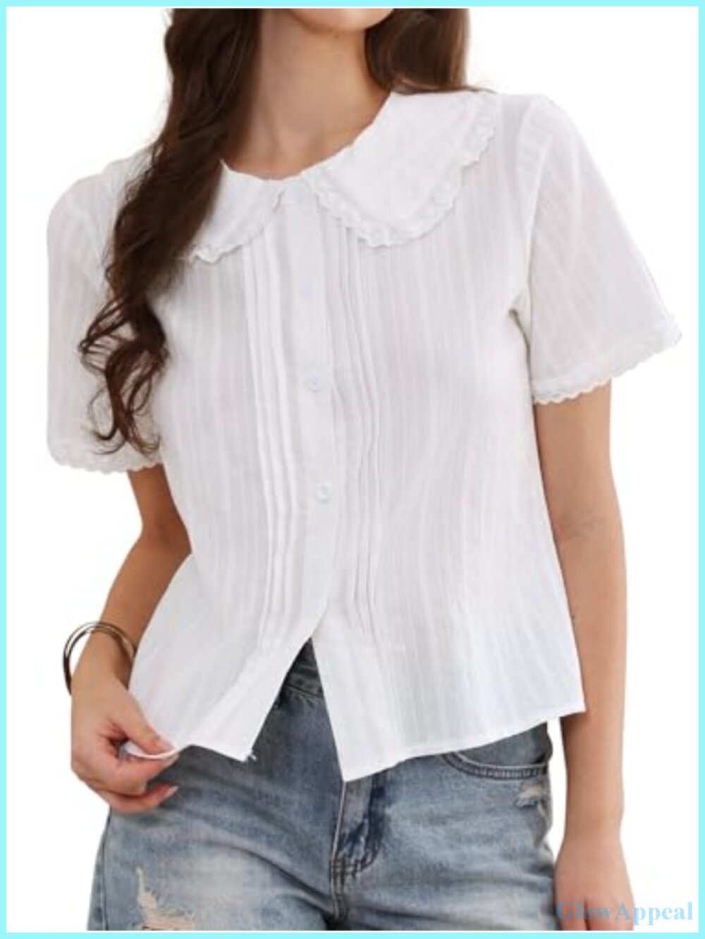 Cotton Ruffle Peter Pan Collar Button Down Short Sleeve Blouse